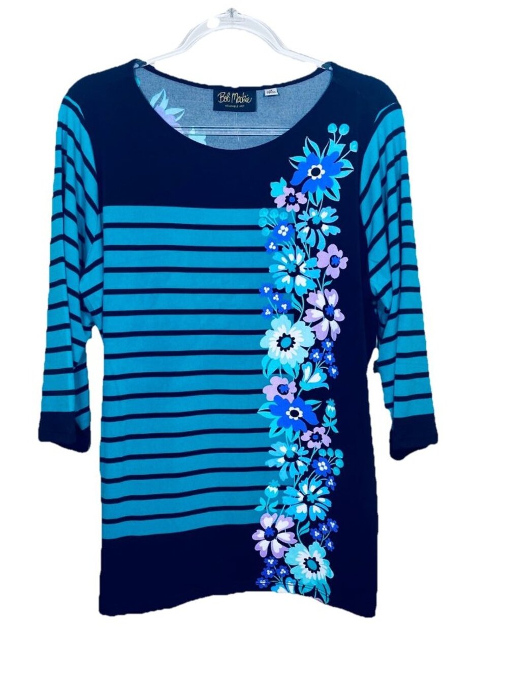 Bob Mackie Wearable Art Size 1X Teal Black Striped 3/4 Sleeve Tunic Top NEW